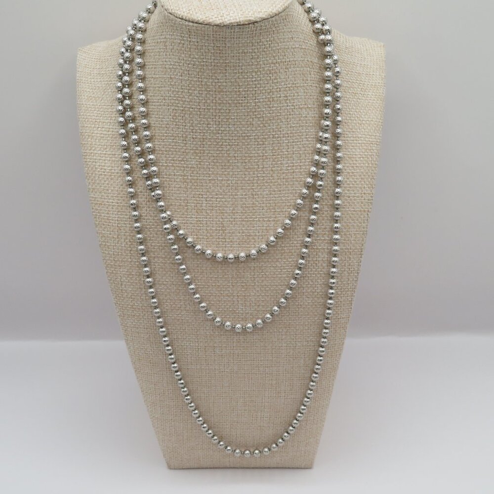 Crown Trifari Silver Tone Textured Beaded Necklace Extra Long